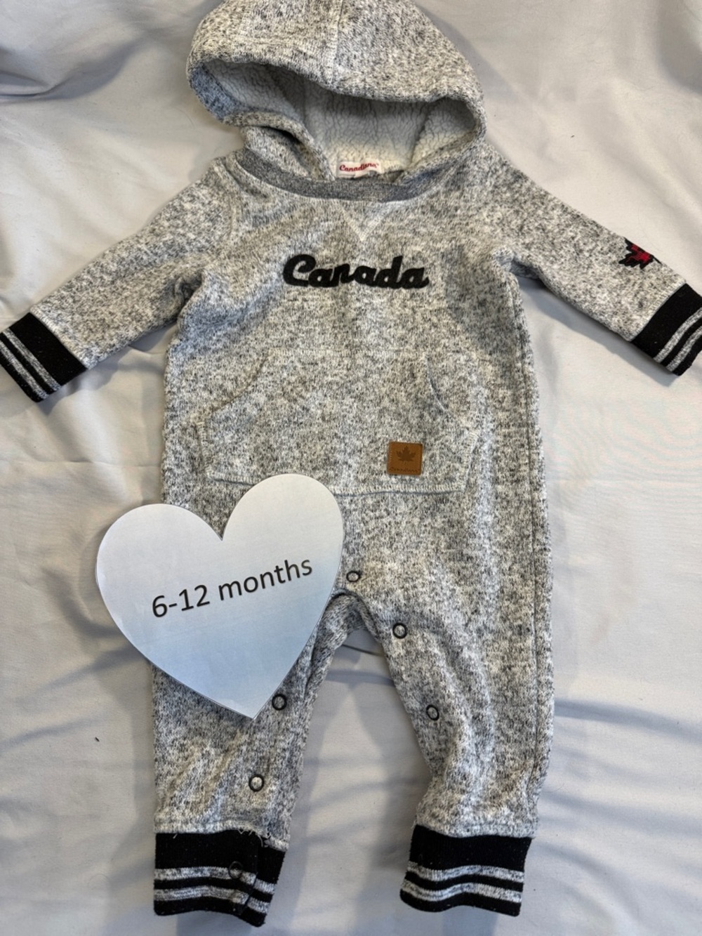 Canadiana - long sleeve hooded Romper/Jumpsuit. Size 6-12 months